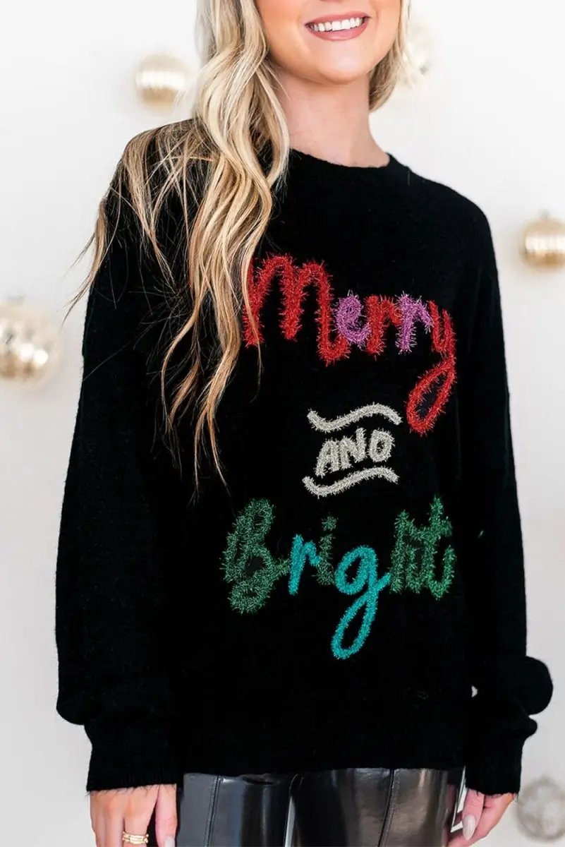 Black Tinsel Merry and Bright Graphic Christmas Sweater - Love Salve